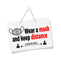 Wear a mask and keep distance door sign hanging