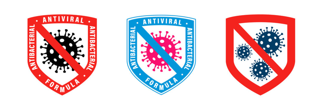 Antiviral Antibacterial Coronavirus Formula Vector Shield Icons. Coronavirus 2019-nCov, Covid-19 NCP Virus Stop Signs, Health Protection, Hand Sanitizer Labels