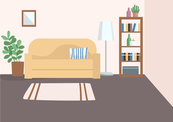 Empty living room flat color vector illustration. Cozy apartment 2D cartoon interior with furniture on background. Home furnishing. Comfortable room with couch, bookcase and decorative plants