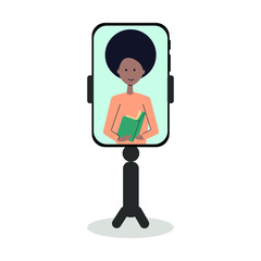Tripod with smartphone, online  home learning. Afro american woman - teacher with  textbook. Flat vector illustration.