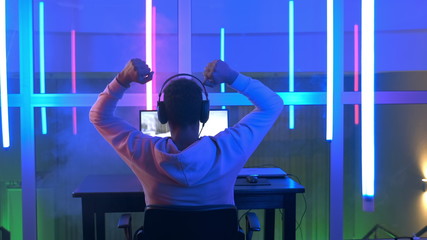 Back view of young gamer winning online game. He playing on his personal computer in neon room. © art24pro
