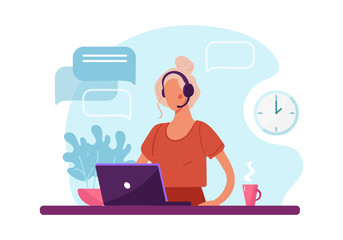 Woman with headphone and computer, call center, customer service and support. Flat vector illustration concept of distance work, distance education, telemarketing