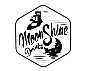 Vintage design of moonshine label with ethnic elements in the style of thin line, bourbon, moonshine and brandy. Black and white vintage logo or label options. Monochrome, black on white. white on bla