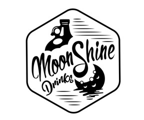 Vintage design of moonshine label with ethnic elements in the style of thin line, bourbon, moonshine and brandy. Black and white vintage logo or label options. Monochrome, black on white. 
