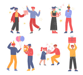 People Celebrating Birthday Party, Christmas or New Year Holidays Set, Teenage Boys and Girls Giving Gift Boxes and Having Fun Together Cartoon Vector Illustration
