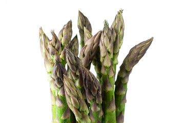 tips of green asparagus on white background