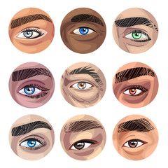 Human Eyes of Various Colors in Circles Collection, Part of Male or Female Faces Vector Illustration