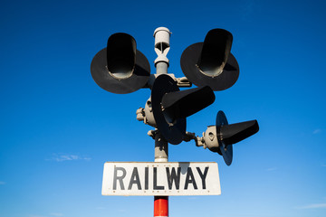 6/5/2020 : Railway train traffic light with blue sky at Oamaru, New Zealand.