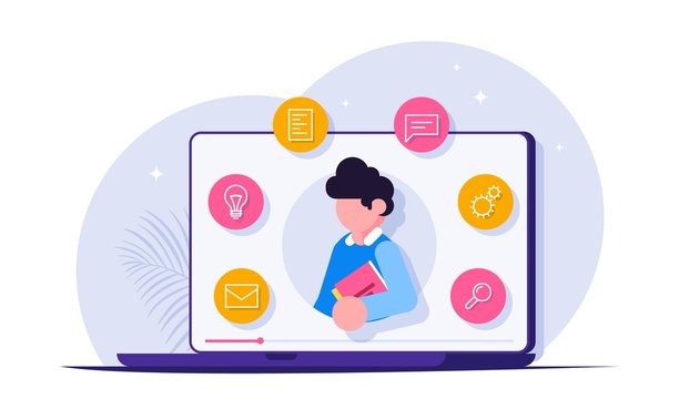 Webinar, online conference, webinar. Distance learning method. The man on the laptop screen. Modern flat vector illustration.