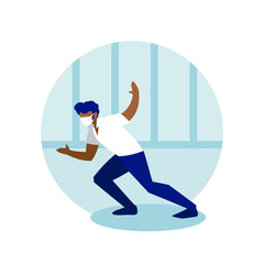 Man with mask dancing at home vector design