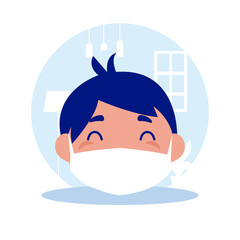 Boy kid cartoon head with mask at home vector design