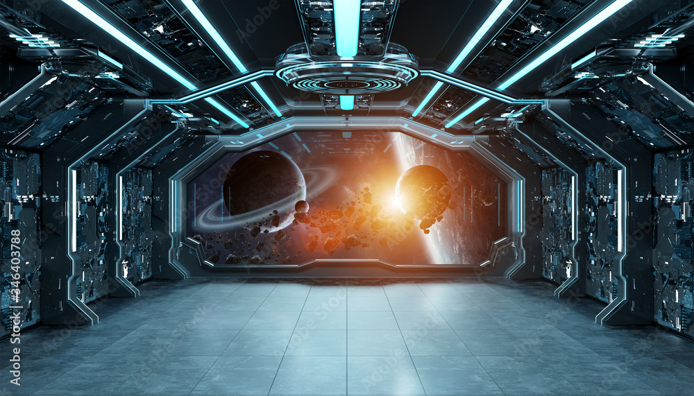 Wall mural dark blue spaceship futuristic interior with window view on space and planets 3d rendering