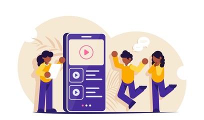 Video marketing. People view video content or ads on a mobile phone screen. Modern flat vector illustration.