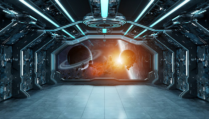 Dark blue spaceship futuristic interior with window view on space and planets 3d rendering © sdecoret