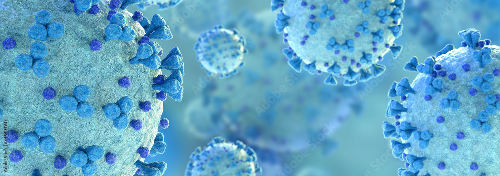 Poster microscopic close-up of the covid-19 disease. coronavirus illness spreading in body cell. 2019-ncov 