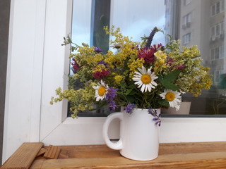 Bouquet of wild flowers in a white mug