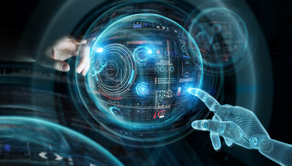 Wireframed robot hand and human hand touching digital graph interface on dark 3D rendering