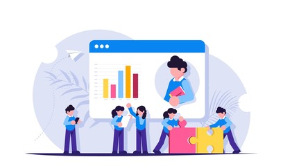 Teamwork. Presentation or video conference in the browser. Growth schedule. The joint work of the people. Modern flat vector illustration.