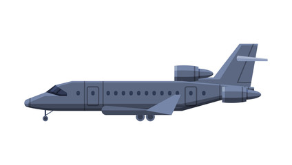 Black Airplane, Government or Presidential Vehicle, Luxury Business Transportation, Side View Flat Vector Illustration