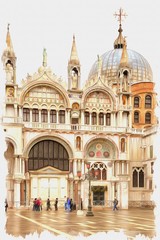 Fototapeta na wymiar Decoration on a facade of basilica of Saint Mark. Imitation of a picture. Oil paint. Illustration. City Venice
