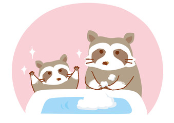 Fototapeta premium 手を洗うアライグマのイラスト
