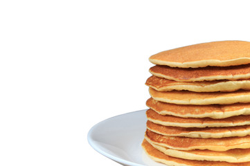 Stack of homemade plain pancakes on a white plate isolated on white background	