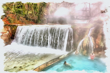 Artificial waterfall on the river Termopotamos. Imitation of a picture. Oil paint. Illustration