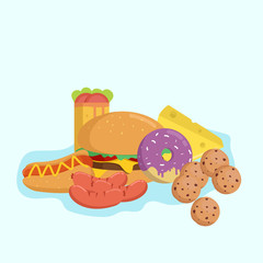 Vector illustration of colorful fast food, such as french fries, humberger, hot dogs and popcorn. many delicious foods but fast food nutrition is not healthy for our body in our daily lifestyle