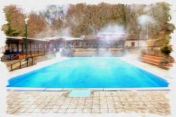 Greece. Swimming pool with water from the thermal spring. Imitation of a picture. Oil paint. Illustration