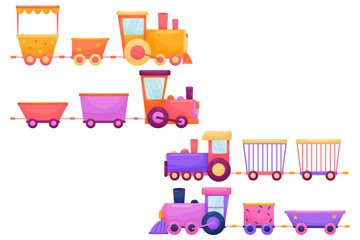 Fototapeta premium Vector set of cartoon children train with vivid colors. Flat puffer for kids and animals on white isolated background