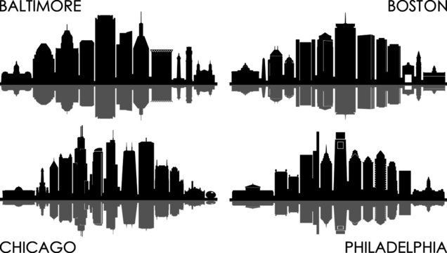 BALTIMORE CHICAGO BOSTON PHILADELPHIA City Skyline Silhouette Cityscape Vector