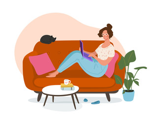 Young happy girl sitting on a sofa and working on a laptop. The concept of communication on social networks, freelancing, work from home, online education. Flat vector illustration.