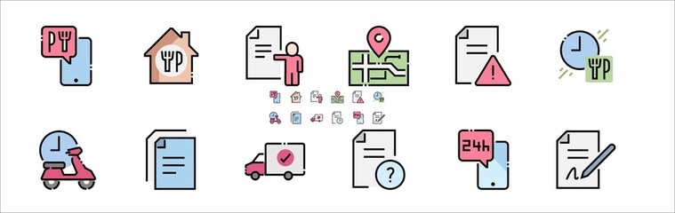 Food Delivery Filled Outline Icons. Colorful Linear Set Vector Line Icon. Courier Bike, Food Box, Contactless Delivery and more. 64x64 Pixel Perfect. Editable Stroke