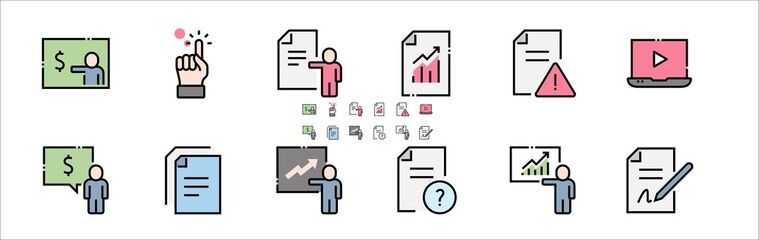 Business Training Filled Outline Icons. Colorful Linear Set Vector Line Icon. Class, Presentation, Mentoring and more. 64x64 Pixel Perfect. Editable Stroke