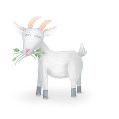 Illustration for children. Cute goat is chewing grass.