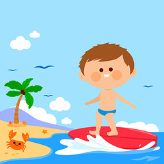Obraz na płótnie Canvas Child surfing on a wave in the sea by the beach. Vector illustration