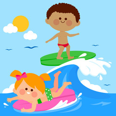 Obraz na płótnie Canvas Children surfing on a wave in the sea. Vector illustration
