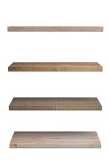 Empty wooden shelf isolated cutout on white wall background. Perspective view. 3d illustration
