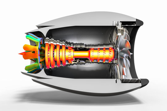 3D render image representing an airplane engine development with the help of a computer software 