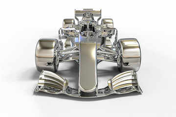 3D render image of a race car made of metal or chrome