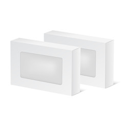 White product cardboard package box with window for gift or food. Vector