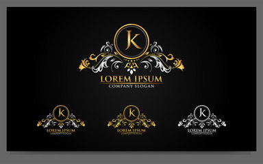 Obraz na płótnie Canvas Luxury alphabets logo with golden badges design template. Signs, symbol illustration