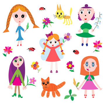 Cute cartoon girls with flowers and cats children's drawings vector illustration