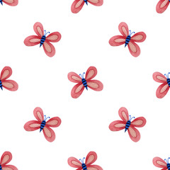 Hand-drawn watercolor seamless pattern with decorative folk pink butterflies on a white background.