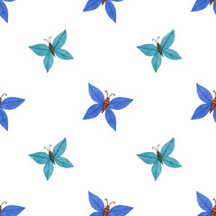 Fototapeta na wymiar Hand-drawn watercolor seamless pattern with decorative folk blue butterflies on a white background.