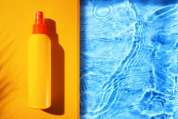 Top view of sunscreen spray bottle mockup, on top of yellow background, next o the swimming pool.