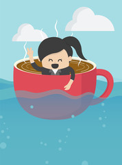 Naklejka premium businesswoman On boat rowing like coffee cup in the vast, smile on her face