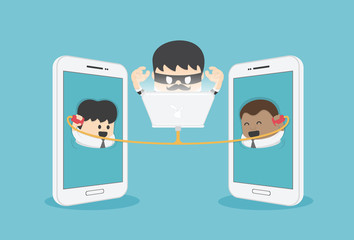 Cyber thief, hacker, business people communicate electronically, between Young businessman and African businessman
