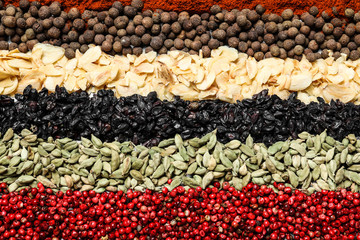 Set of different spices as background, top view