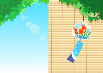 日本の夏のグリーティングカード/すだれ　風鈴　金魚